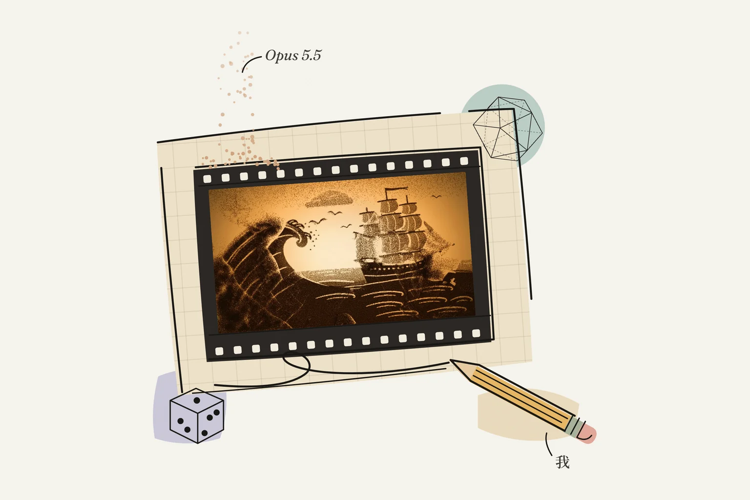 纸上画着一格胶片，胶片里是沙画的海浪与帆船，旁边一支铅笔、一颗骰子